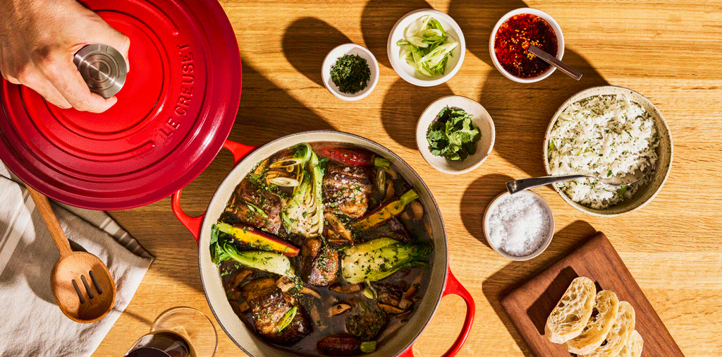 Close-up of simmering, stewing and sautéing, enamel catching the light