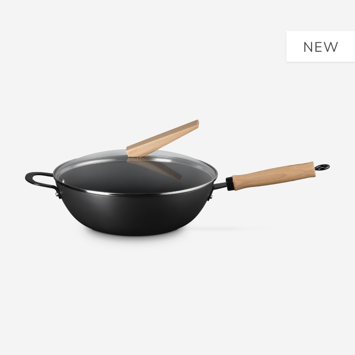 Carbon Steel Wok with Glass Lid & Wooden Handle 30cm