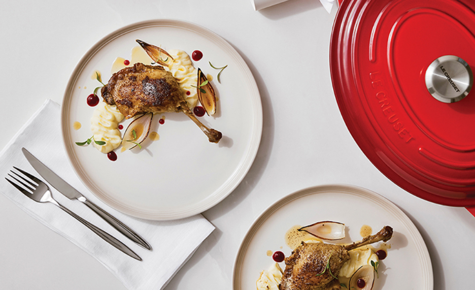 Duck Confit with Potato Puree and Charred Shallots